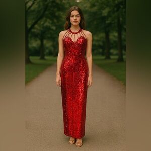 Vintage Niteline Della Roufogali Red Sequin Beaded Gown Maxi Dress Size 12